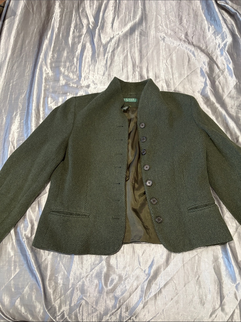 Lauren Ralph Lauren Olive Green Textured Collarless Blazer - Picture 2 of 5